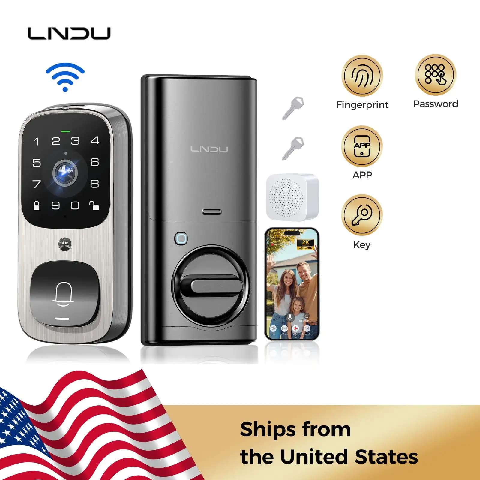LNDU Smart Door Lock AL502 EMMC integrato e 2.4Ghz WiFi Smart Lock 10000mAh Blocco impronte digitali Telecamera con risoluzione 2K con campanello
