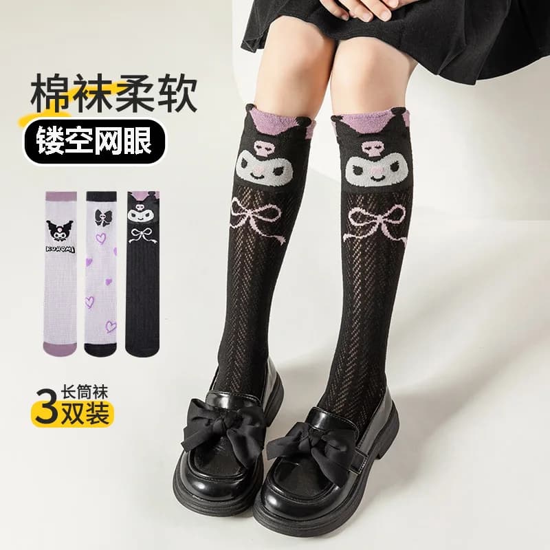 Long mesh socks up to the knee with character Sanrio Kuromi, thin autumn socks, long socks up to the thigh, Christmas gifts