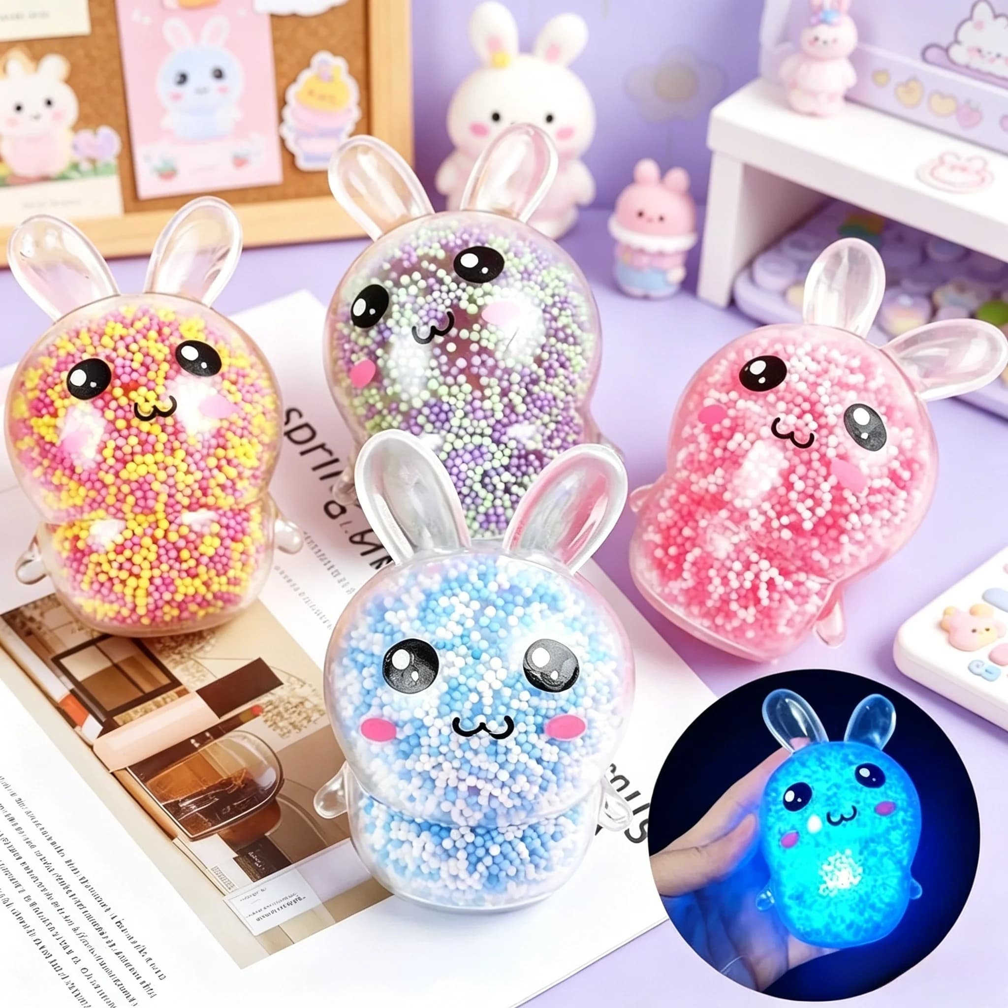 Kawaii Light Up Squishy Bunny Stress Ball Fidget Toy Colorful Rabbit Tension Relief Anti-Anxiety Portable Sensory Toy for Kids