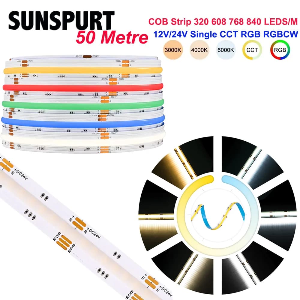 Strisce LED COB RGB CCT 608 LED/m ad Alta Densità Flessibili Dimmerabili Nastro LED FOB 2700K-6500K Illuminazione Variabile DC12V 24V