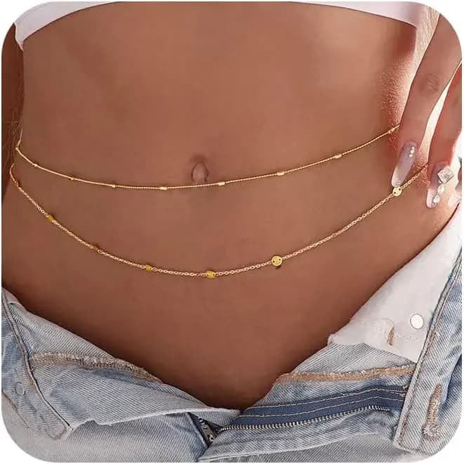 Women Waterproof Body Chain 18K Gold Plated Waist Beads Chain Gold Belly Belt Body Chains Adjustable Sexy Bikini Beach Jewelry