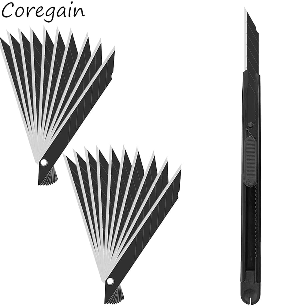 9mm Sharp 30/60 Gradi Coltello multiuso Taglierina per scatole in acciaio metallico Acciaio al carbonio Lame nere Cartone Taglio di carta Vinile Strumento per pellicola per auto