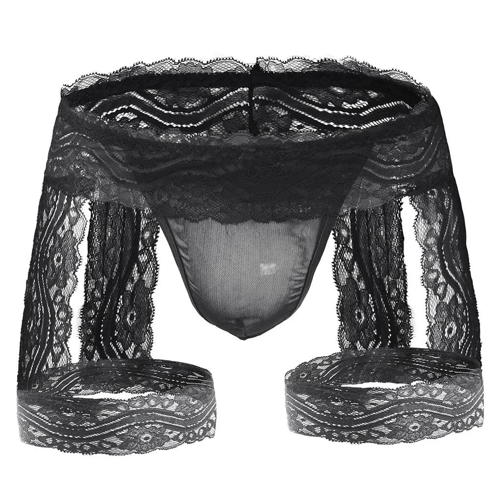 Reggicalze erotico Perizoma da uomo in pizzo con apertura sul cavallo Reggicalze Custodia intima aperta sul retro Lingerie erotica Crotchless Coppia gioca con mutandine
