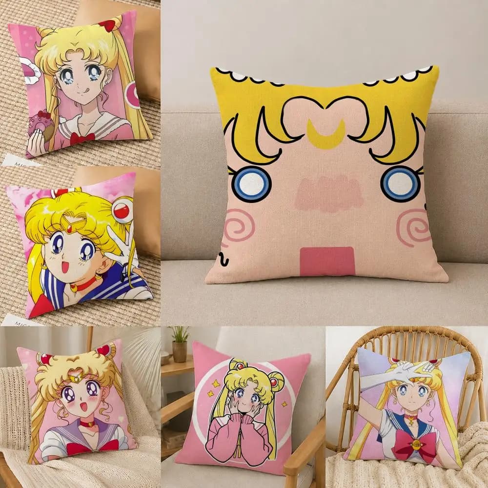 Anime Sailor Moon Usagi Tsukino Cushion Cover Natural Linen Pillowcase Set, All-in-One Decor for Sofa, Bedroom & Chair