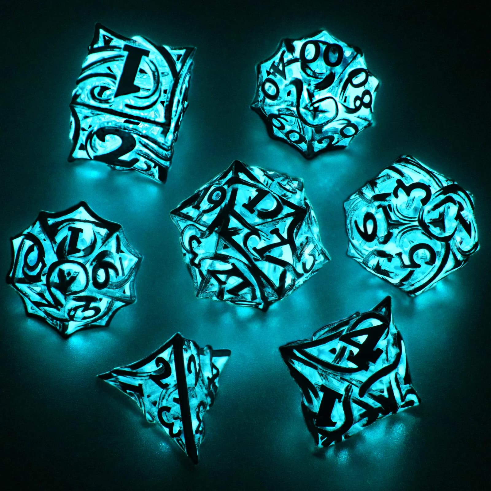 7Pcs Hollow Metal Polyhedral Dice Set Vine Pattern Glow In The Dark DND Dice for Dungeons & Dragons RPG Tabletop Games