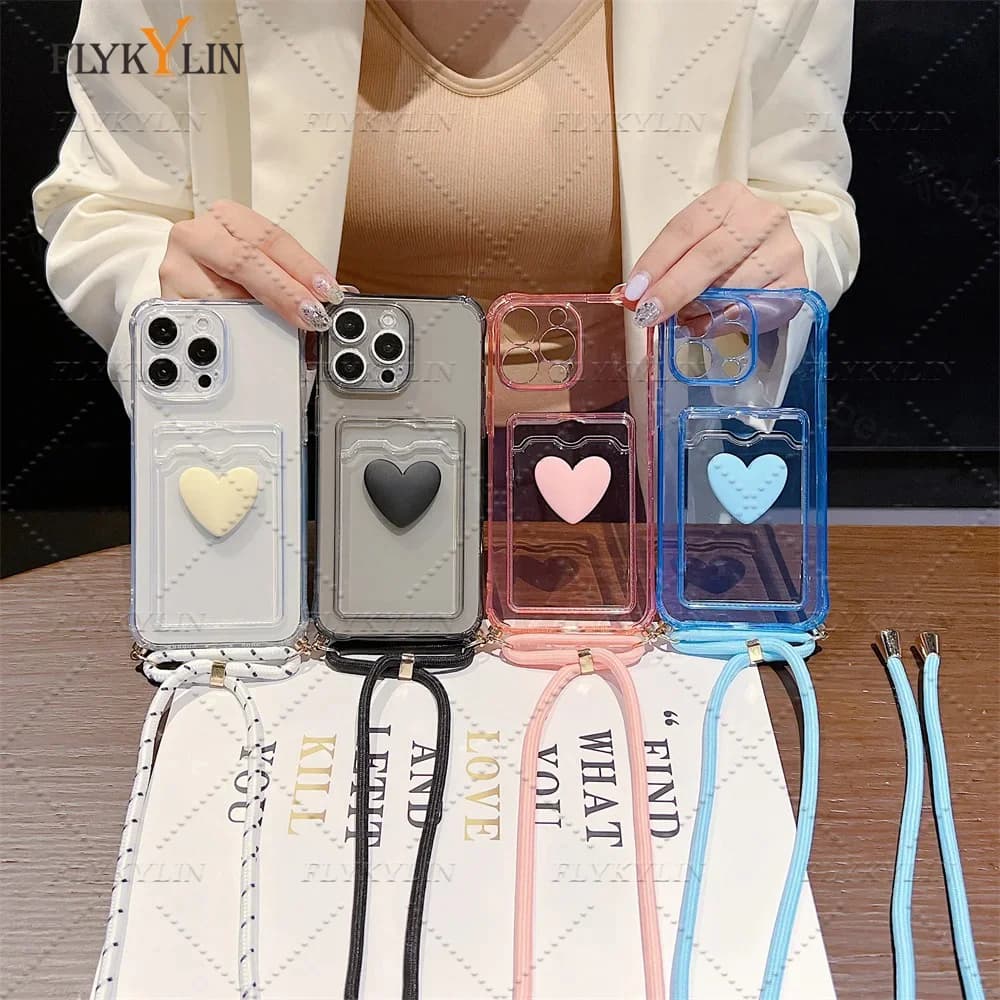 Collana a tracolla con cinturino Cord Love Heart Porta carte Custodia a portafoglio per Xiaomi Redmi 14C 13 13C 12C 10C 9A 9C A3 A1 A2 Cover trasparente