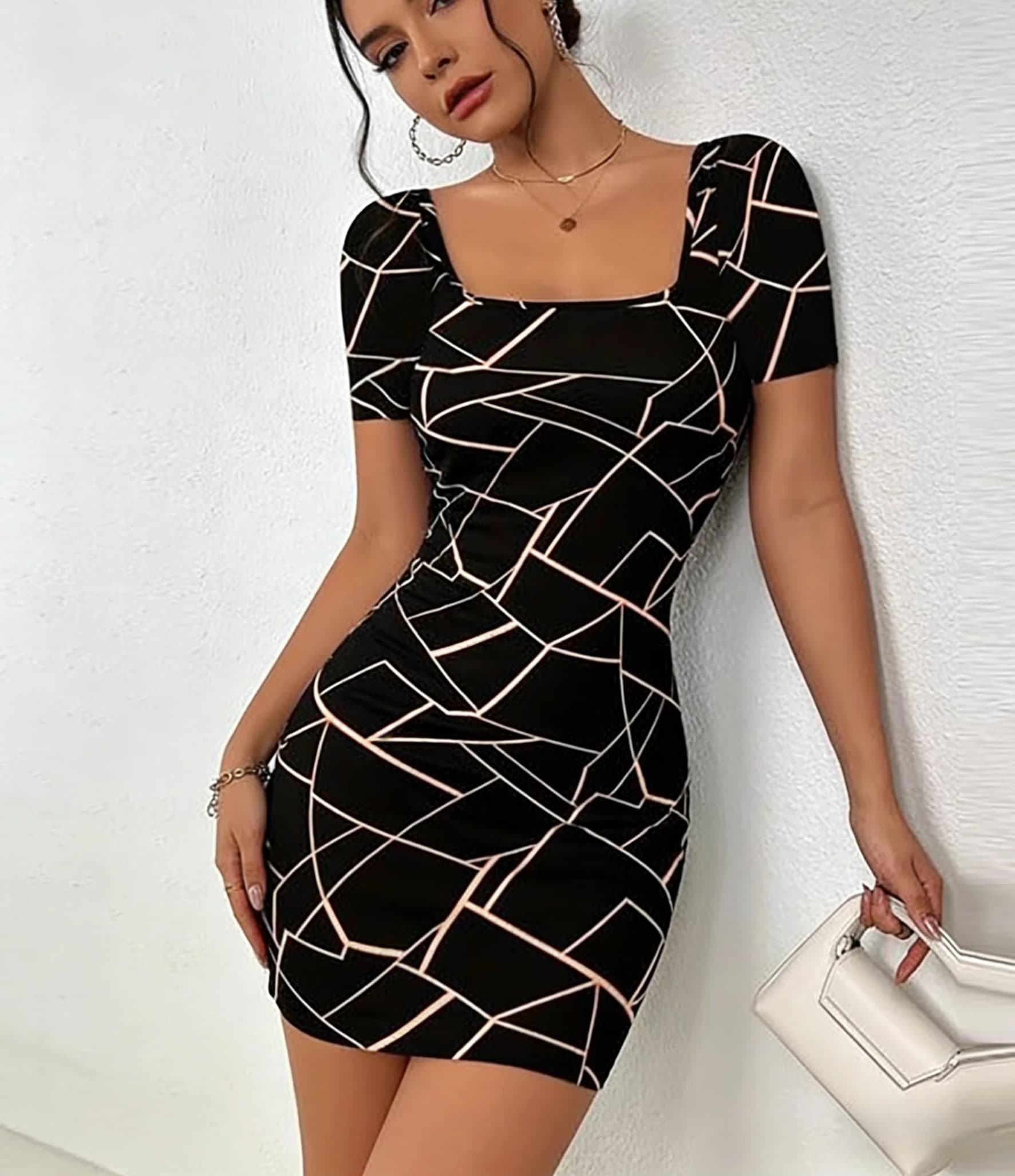Women's Black Bodycon Dress Geometric Print Square Neck Short Sleeve Mini Dress Sexy Party Club Spring Summer Elegant Dress