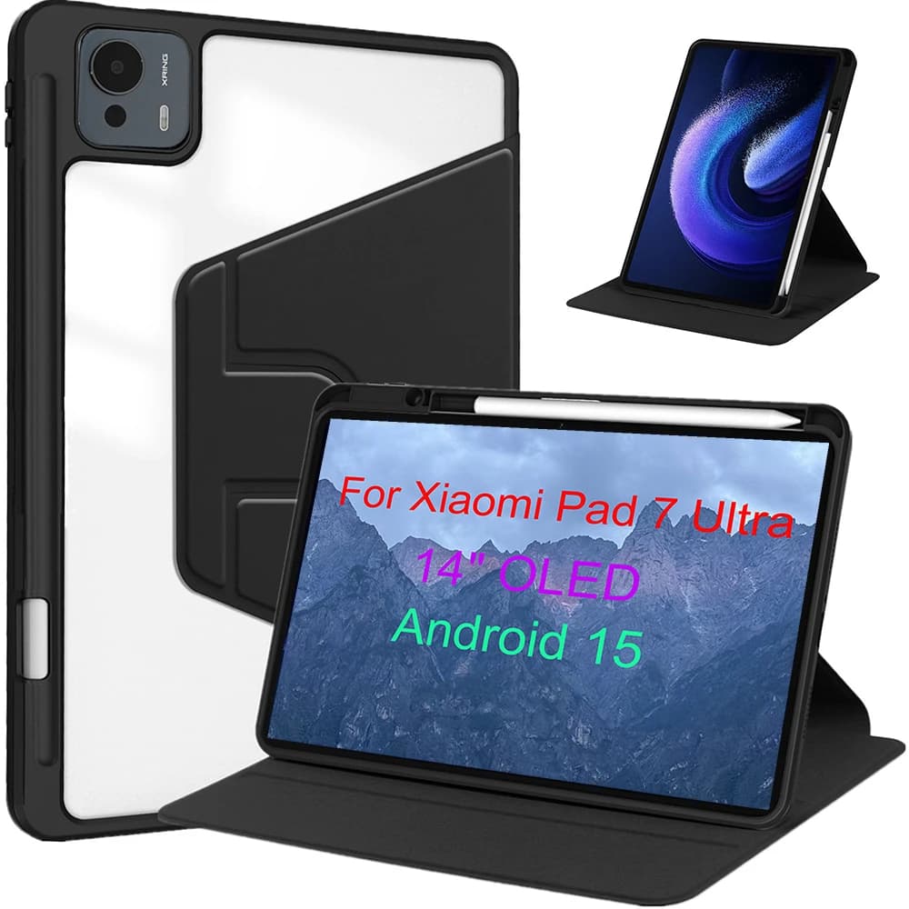 Custodia tablet per Xiaomi Pad 7 Ultra 14" IN 2025 con portapenne 360 ° Copertura antiurto con cavalletto ribaltabile con supporto rigido trasparente rotante