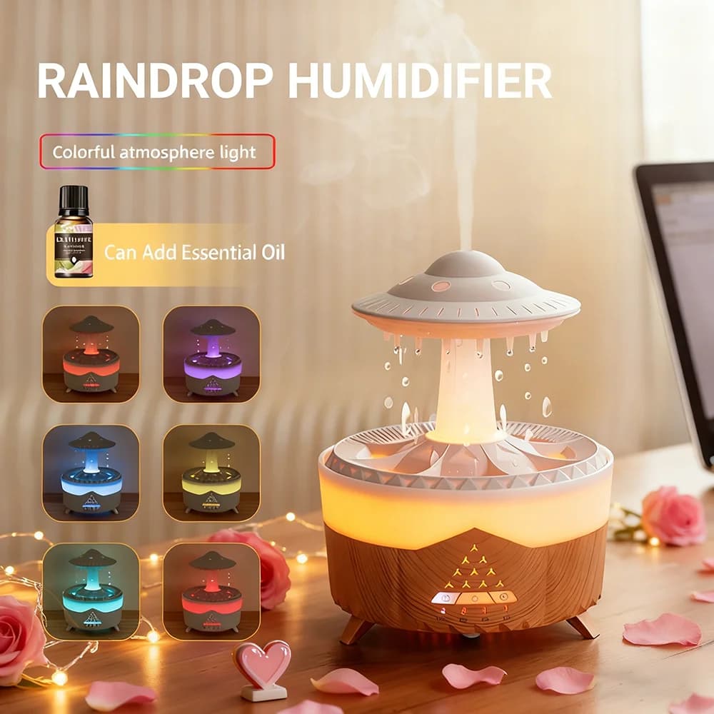 Rain drop simulated air humidifier with 1PC wall socket with environmental lights, essential oil diffuser, office and home aroma diffuser