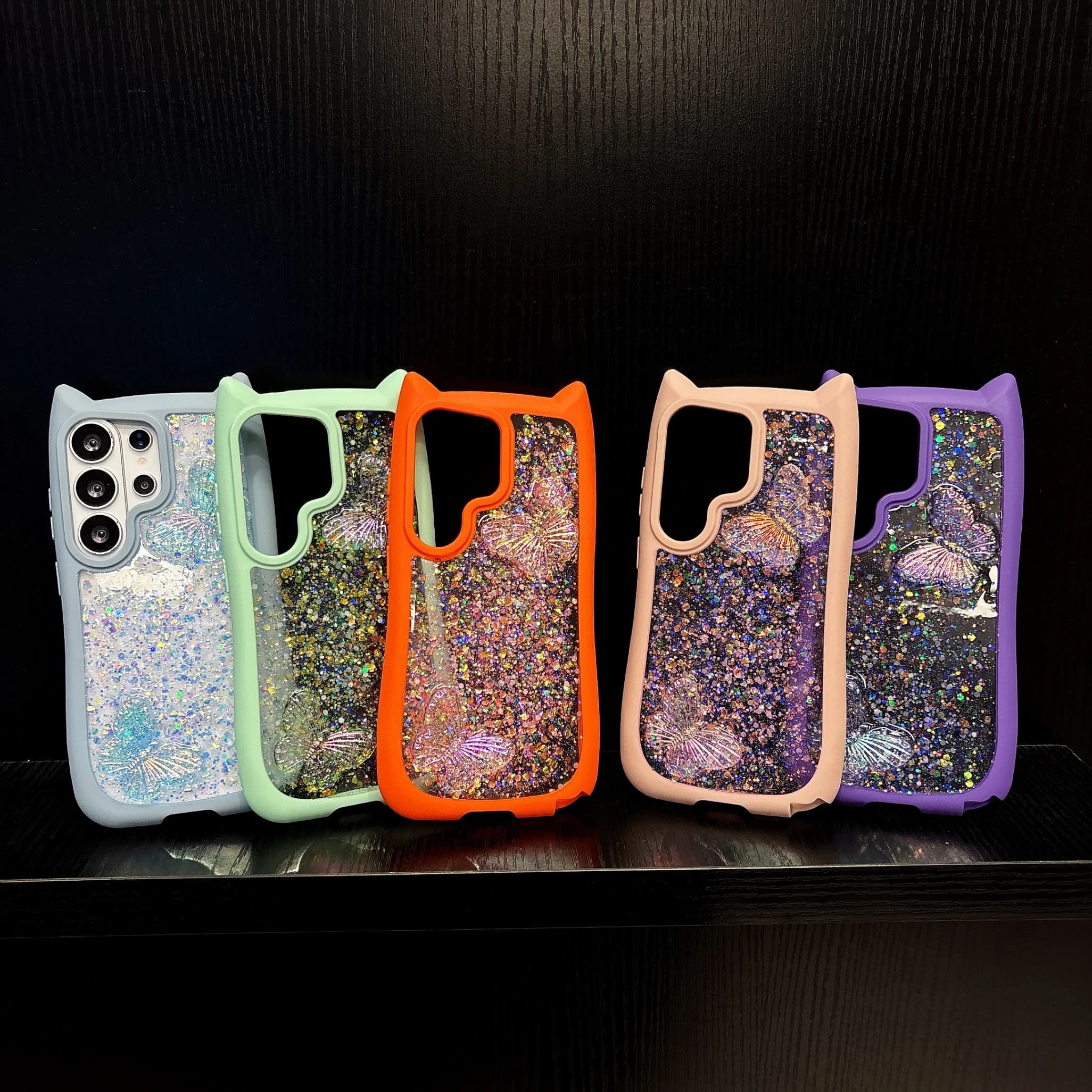 For Samsung Gaxaly S26 Ultra S26 Edge S25 Plus S23 S24 Case ins Epoxy Glitter Butterfly Clear Cat Ear Protective Phone Cover