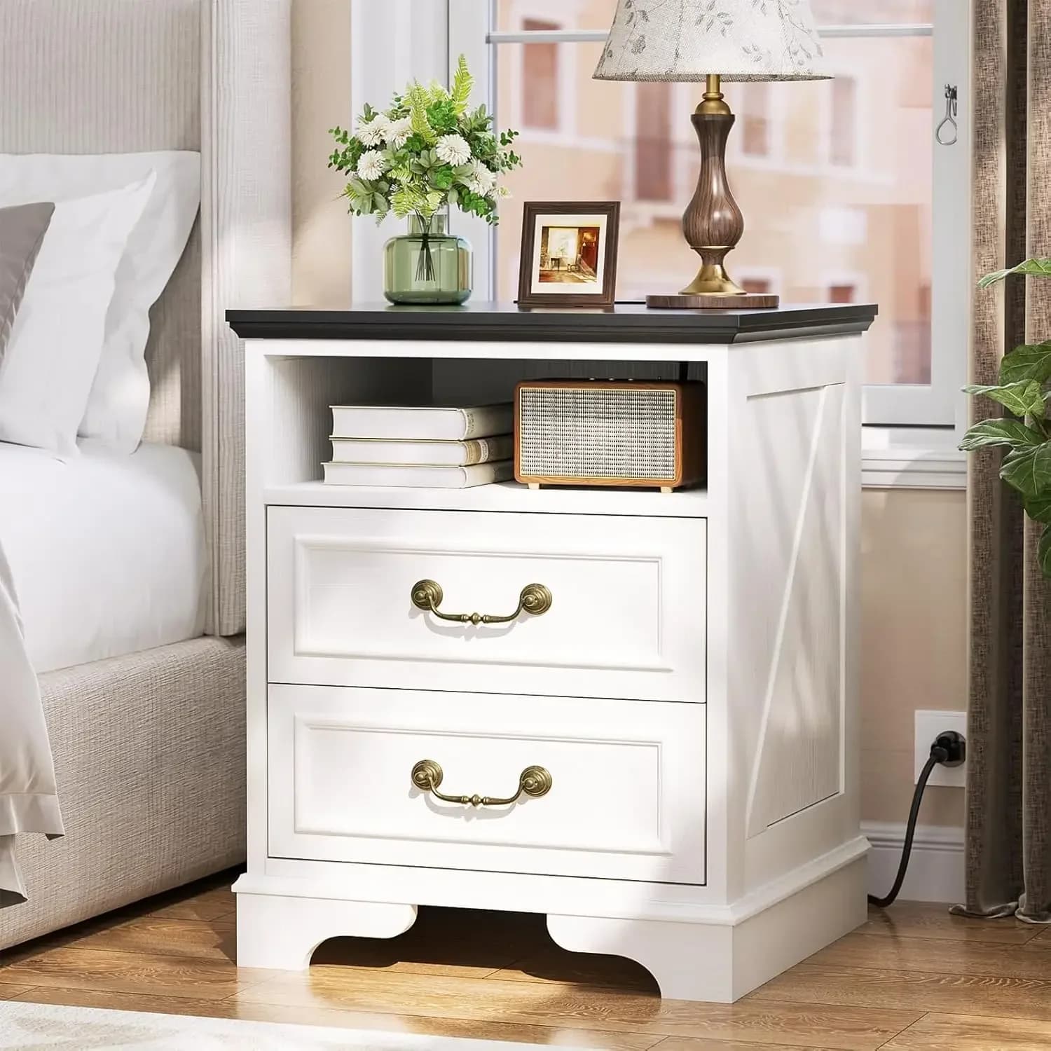 Farmhouse Nightstand with Charging Station, Bedside Table with 2 Large Drawers & Vintage Handles, Side Table with Open Storage f