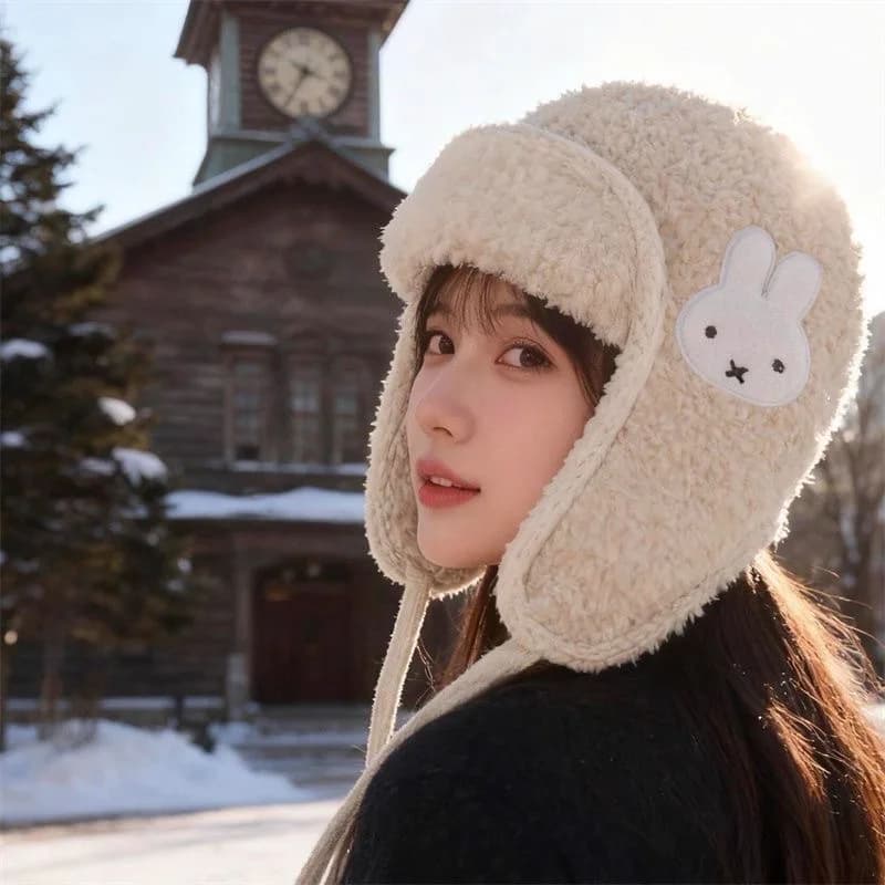 Miffy Rabbit Kawaii Anime Cartoon Ear Protection Hat Ins Cute Western Style Versatile Winter Keep Warm Thicken Skiing Flying Cap