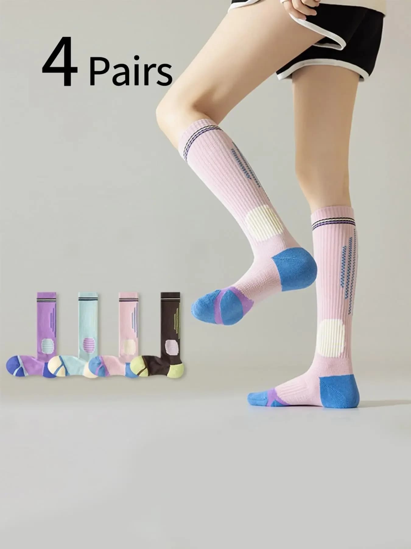 4 Pairs Women's Sporty Compression Socks, Sports Running Socks, Athletic Socks, Anti-Slip Shock Absorption, Slim-Fit Yoga Stockings, Soft Comfort, All Seasons, Non Slip Socks