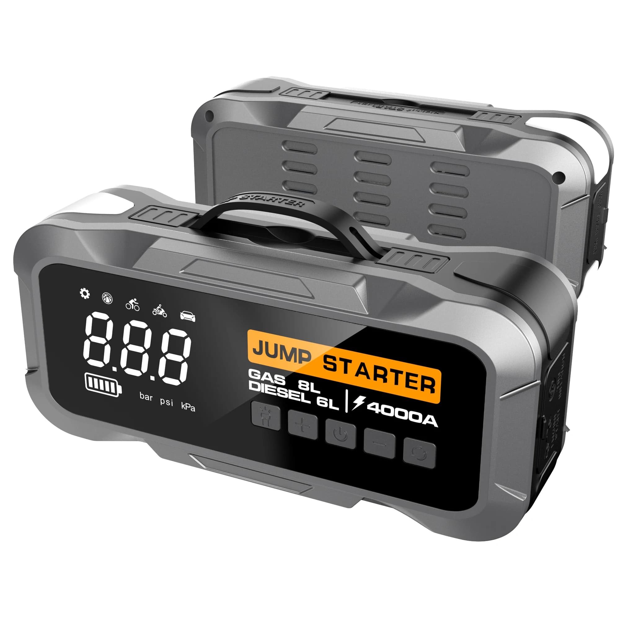 Caricabatterie booster per batteria per auto da 12 V per centrale elettrica di tendenza 2025 con gonfiatore per pneumatici, illuminazione a LED, avviamento per auto