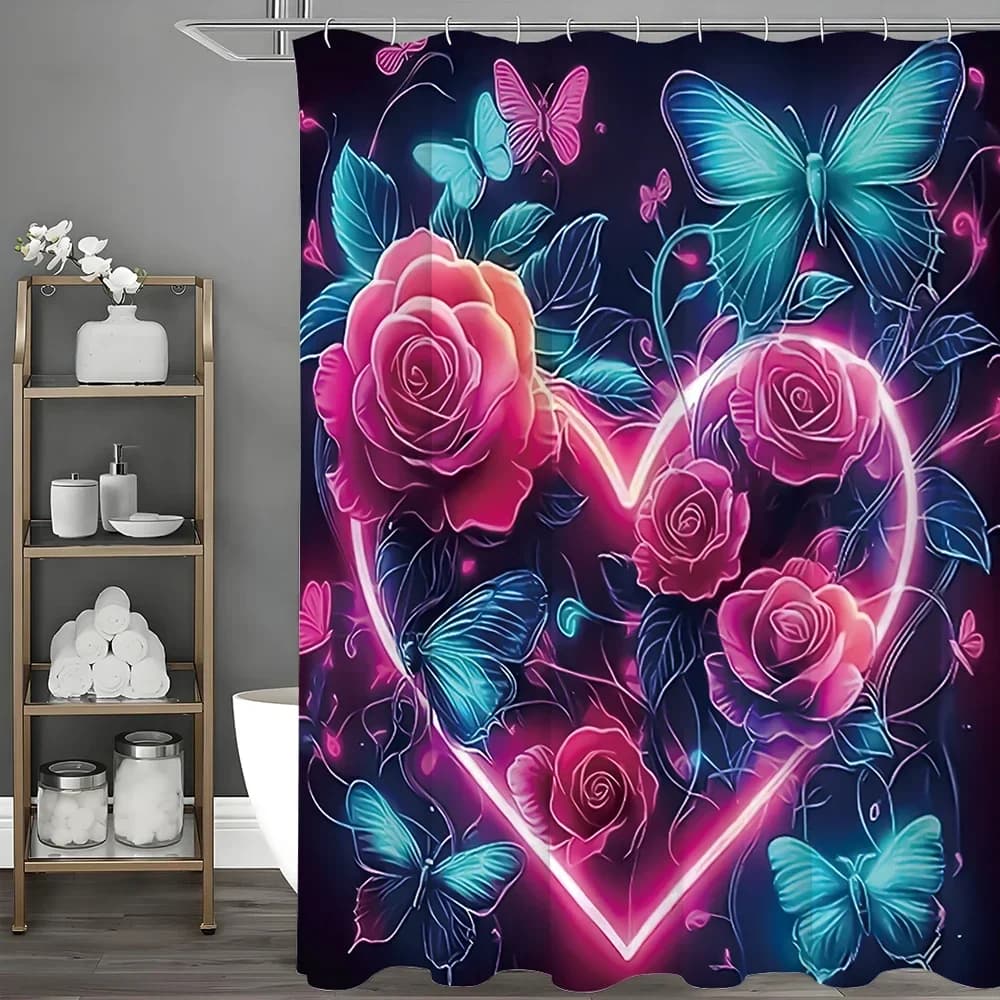 Tenda da doccia con farfalla rosa amore per San Valentino, tenda da doccia decorativa per bagno, tenda da doccia impermeabile con ganci