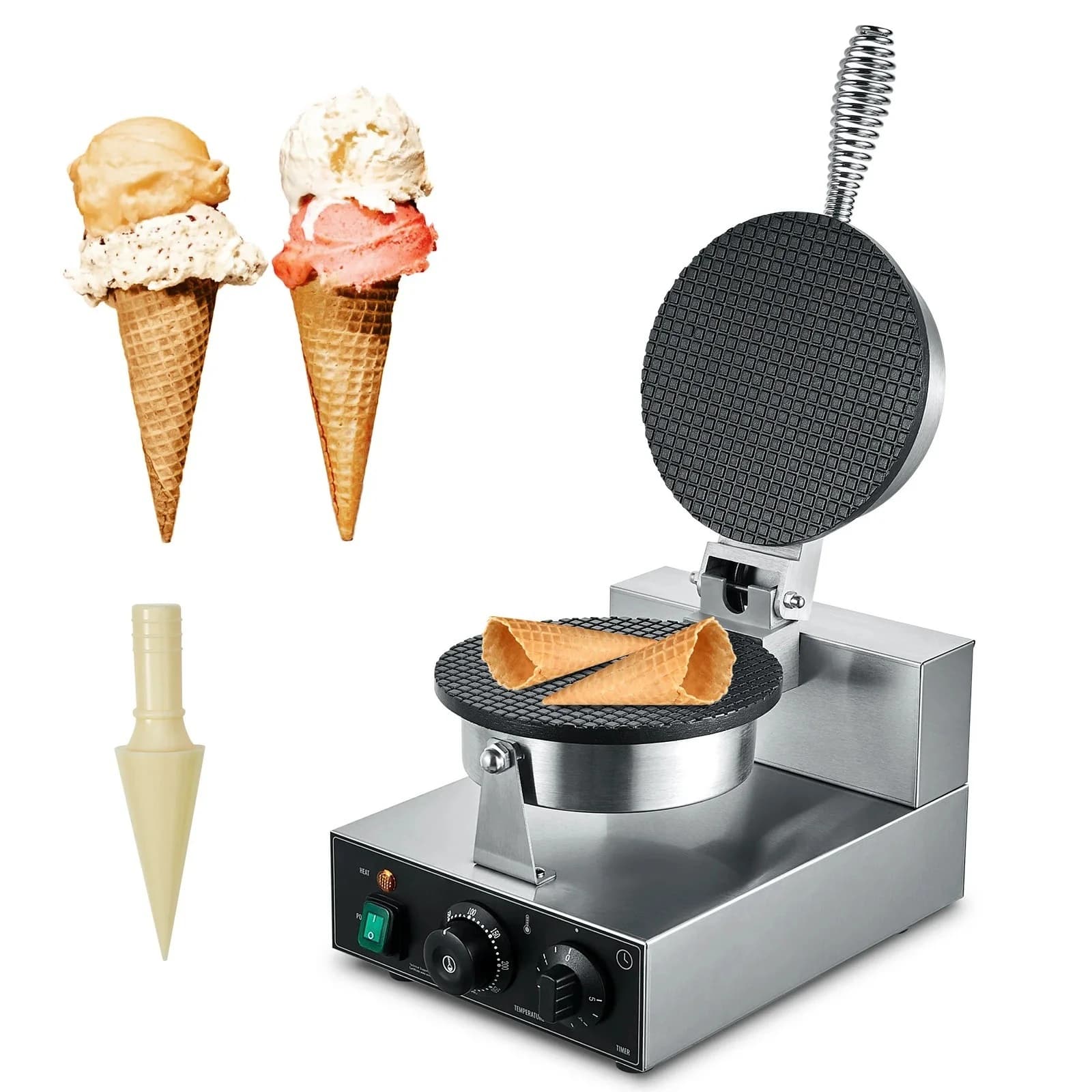 Macchina Elettrica Professionale per Coni Gelato 1230W, Stampo Antiaderente in Acciaio Inox per Coni di Carta con Controllo Temperatura e Tempo