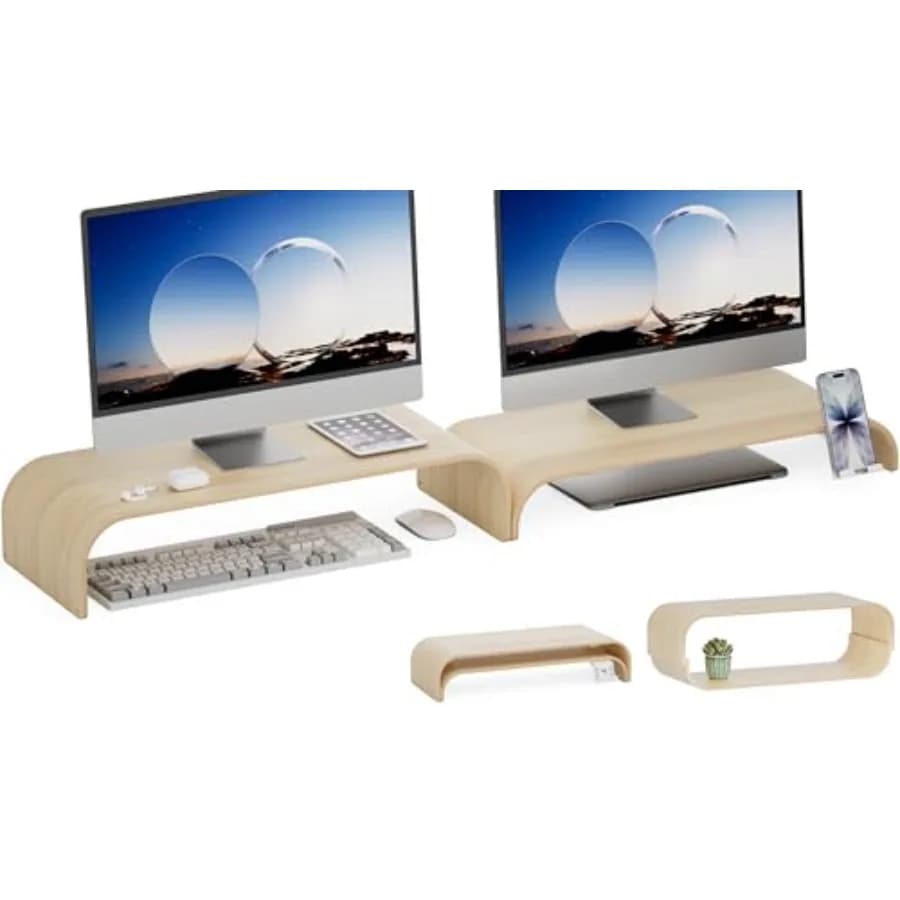 Supporto per Monitor in Legno Curvato, Rialzo per Doppio Monitor in Legno Massello con Vano Portaoggetti, Organizzatore da Scrivania a 2 Livelli in Legno Naturale per Computer