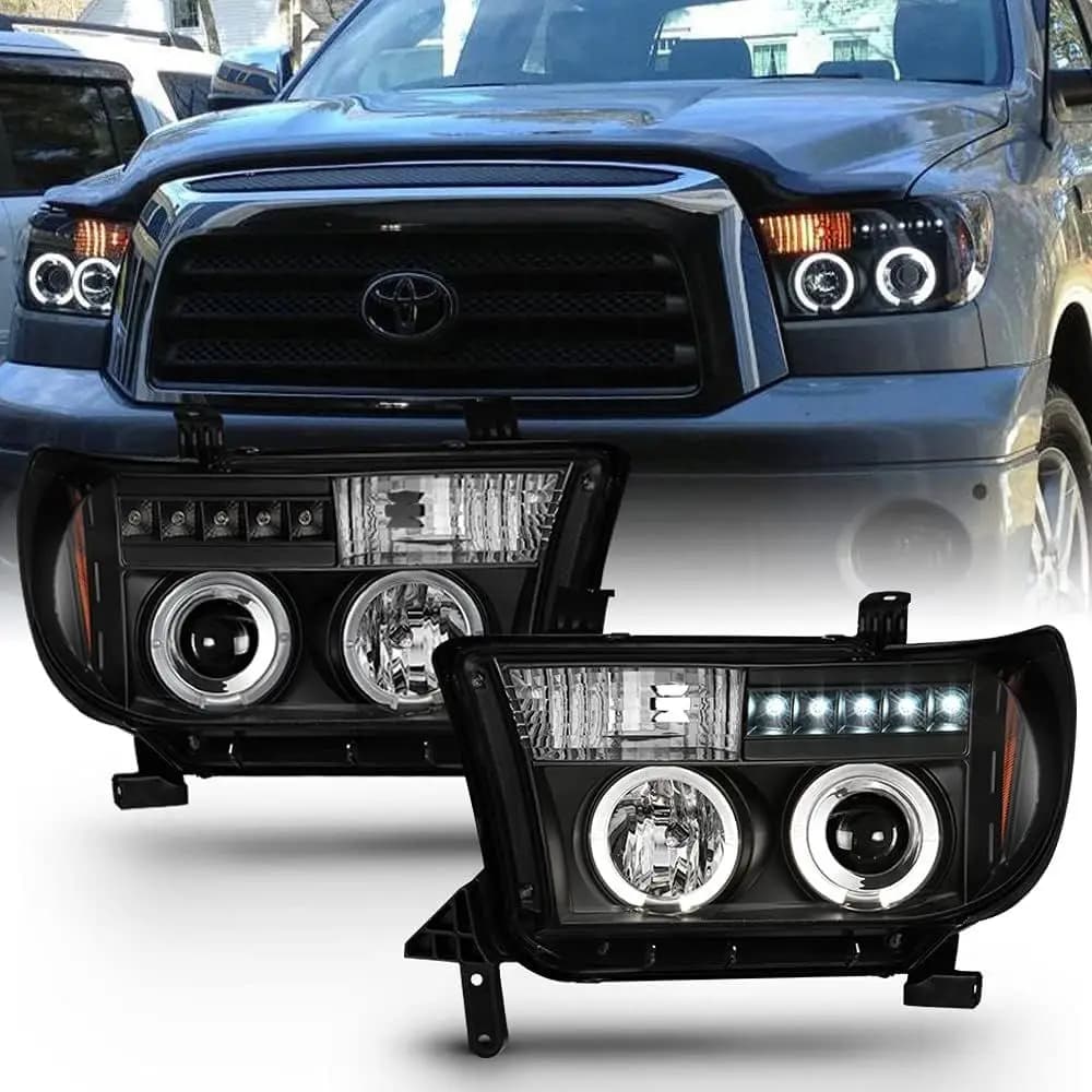Fari anteriori a LED con anello Halo e alloggiamento nero per Toyota Tundra 2007-2013 e Sequoia 2008-2017, proiettori sinistro+destro