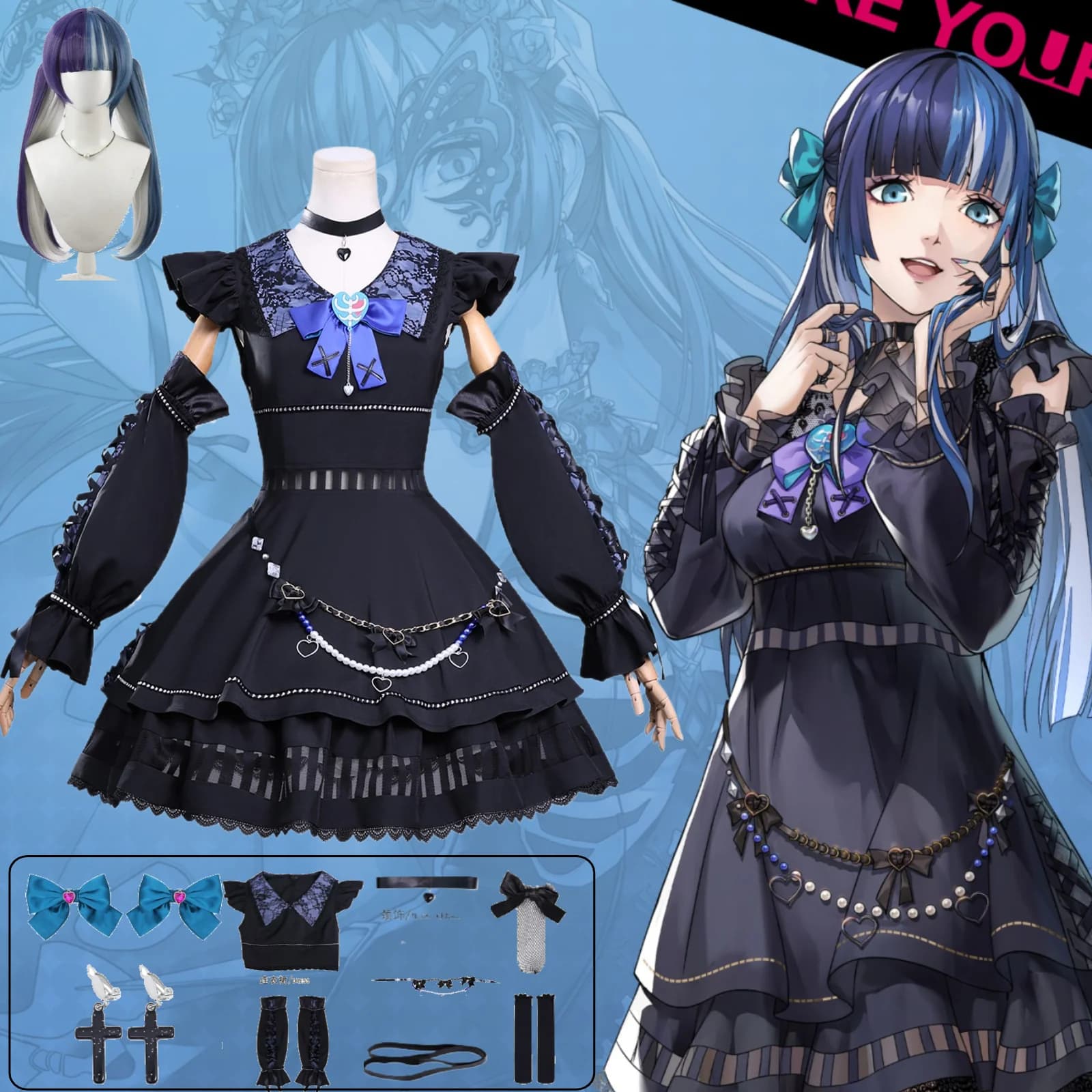 Persona 5 The Phantom XShikano Berry Cosplay Costume Blue Black Gothic Lolita Dress Wig Necklace Anime Game Outfit Full Set
