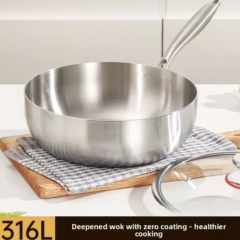 Stainless Steel Wok Reinforced, Deep Plate Without Covering with Single Handle, Compatible with Induction, Resistant Non-stick Pen