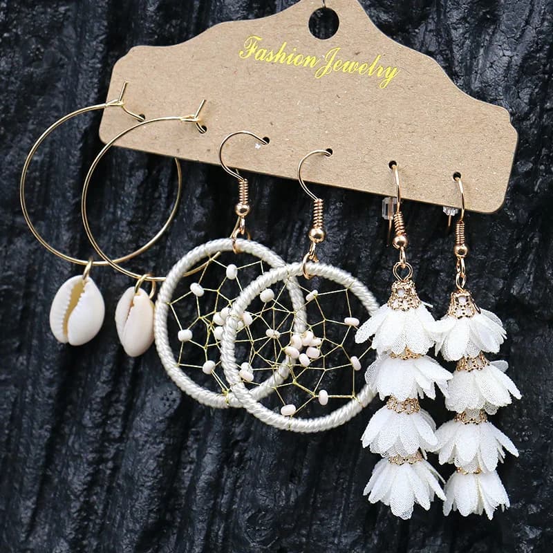 3-Piece earring set Korean version of creative personalized gold shell dream catcher flower earrings accessories, hot sale