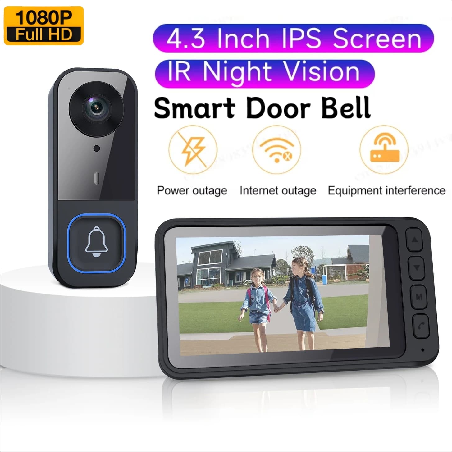 Videocamera per campanello wireless con monitor da 4,3 pollici Sicurezza domestica intelligente Visione notturna Rilevazione movimento Campanello per porta citofono a 2 vie