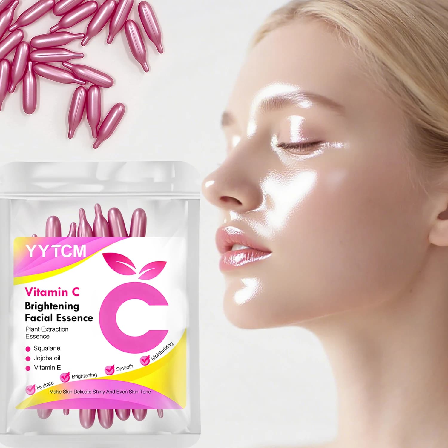 Essenza in capsule illuminante e idratante alla vitamina C, idrata e leviga la pelle, contiene squalano vegetale, vitamina E, olio di magnolia e olio di semi di jojoba per un'idratazione profonda e un'essenza illuminan