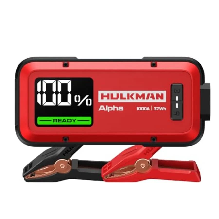Avviatore di emergenza portatile 12V per veicoli a benzina 6.5L/diesel 3.0L AlphaUltra rosso, corpo in ABS+alluminio, classificazione IP65 con display LED a 3 fasi