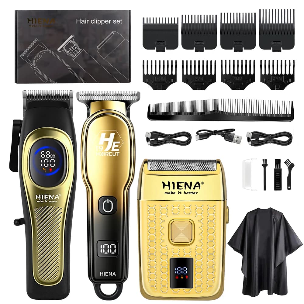 Set Regolacapelli HIENA 3-in-1, Kit Rasoio e Regolabarba Senza Fili con Display LCD, 8 Pettini Guida per Uomo