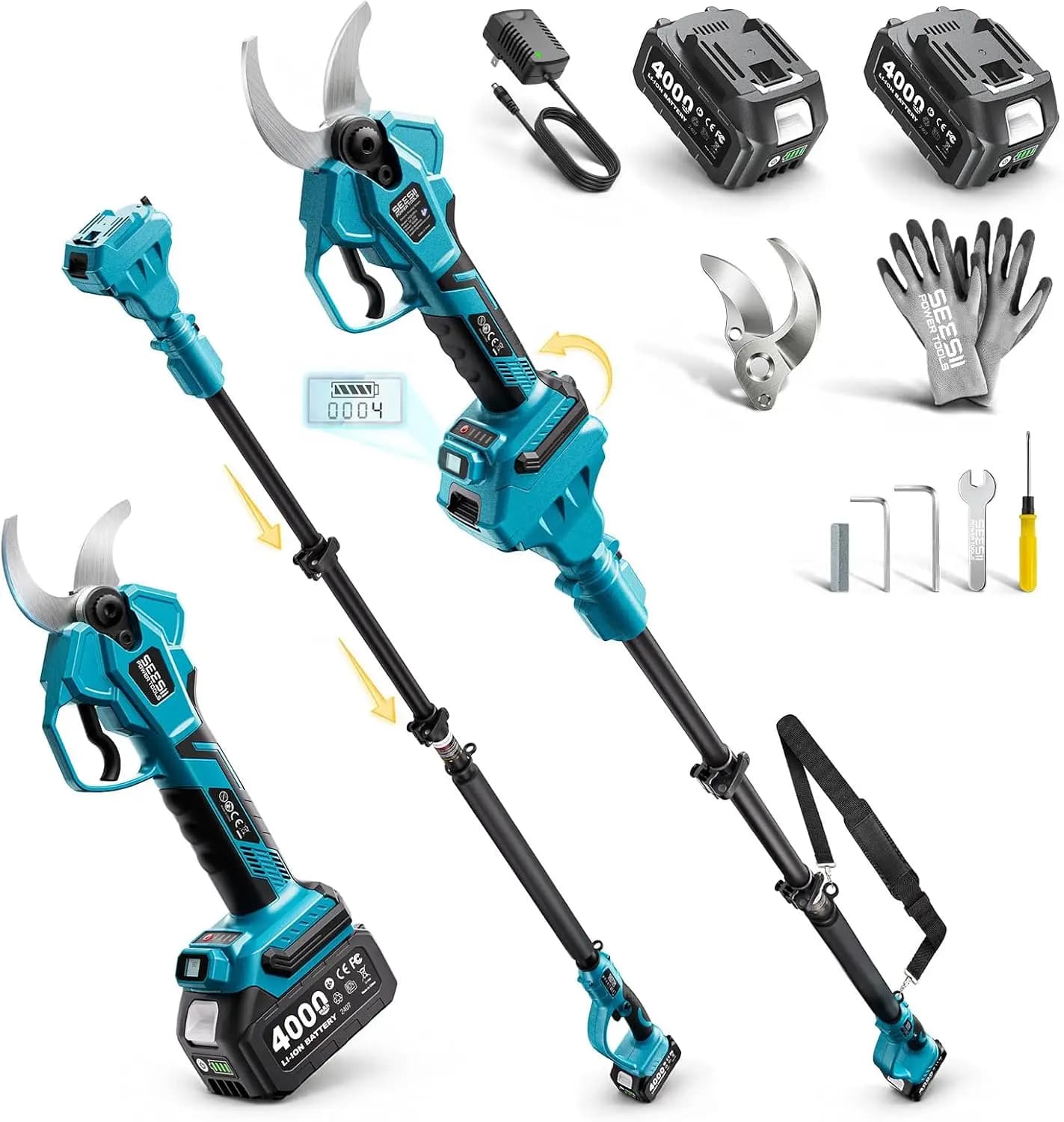 SEESII 2-in-1 40mm Telescoping Pole Pruning Shear 2800W High Branch Scissor Electric Scissors with 2.5m Extension Pole Garden Cutter Tool For Makita 18V Battery Pin