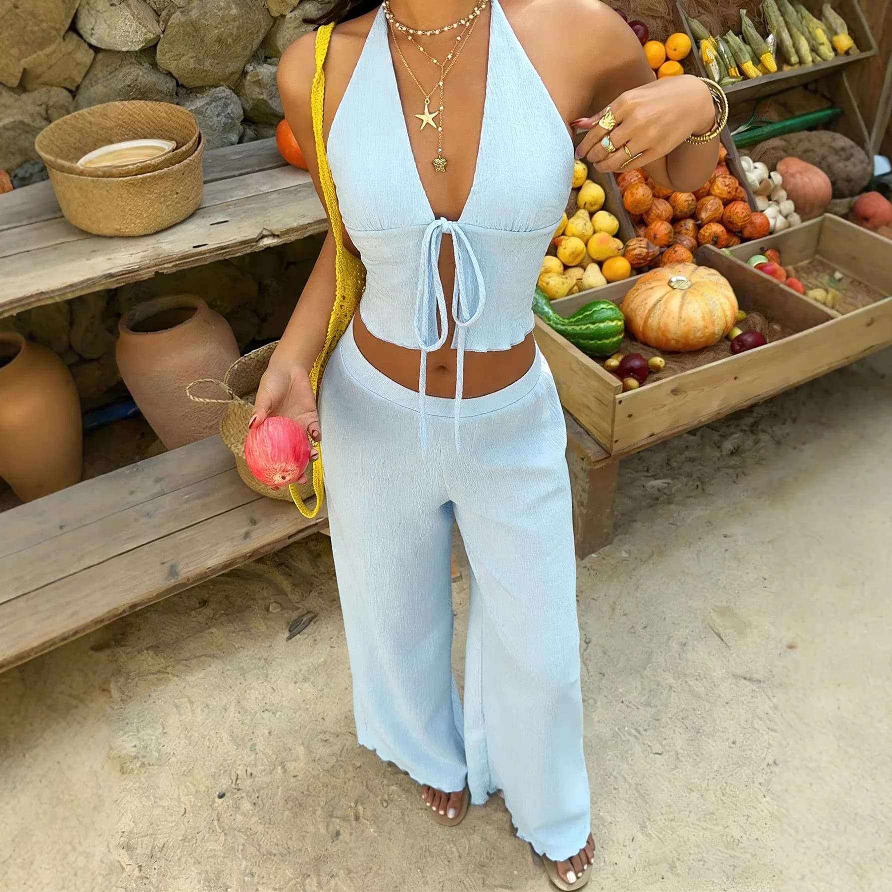 Summer Vacation Style Blue Gown Neck Hanging Belt High Waist Wide Leg Pants Two Piece Set Women's Casual Sportswear Ensemble