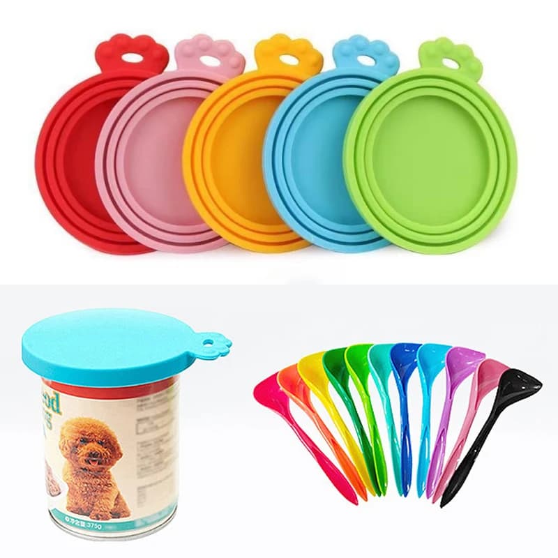 Coperchio in silicone per lattine di cibo per animali domestici Cani riutilizzabili Gatti Sigillante per alimenti in scatola Conservazione fresca Tappo di latta Coperchio sigillato con cucchiaio