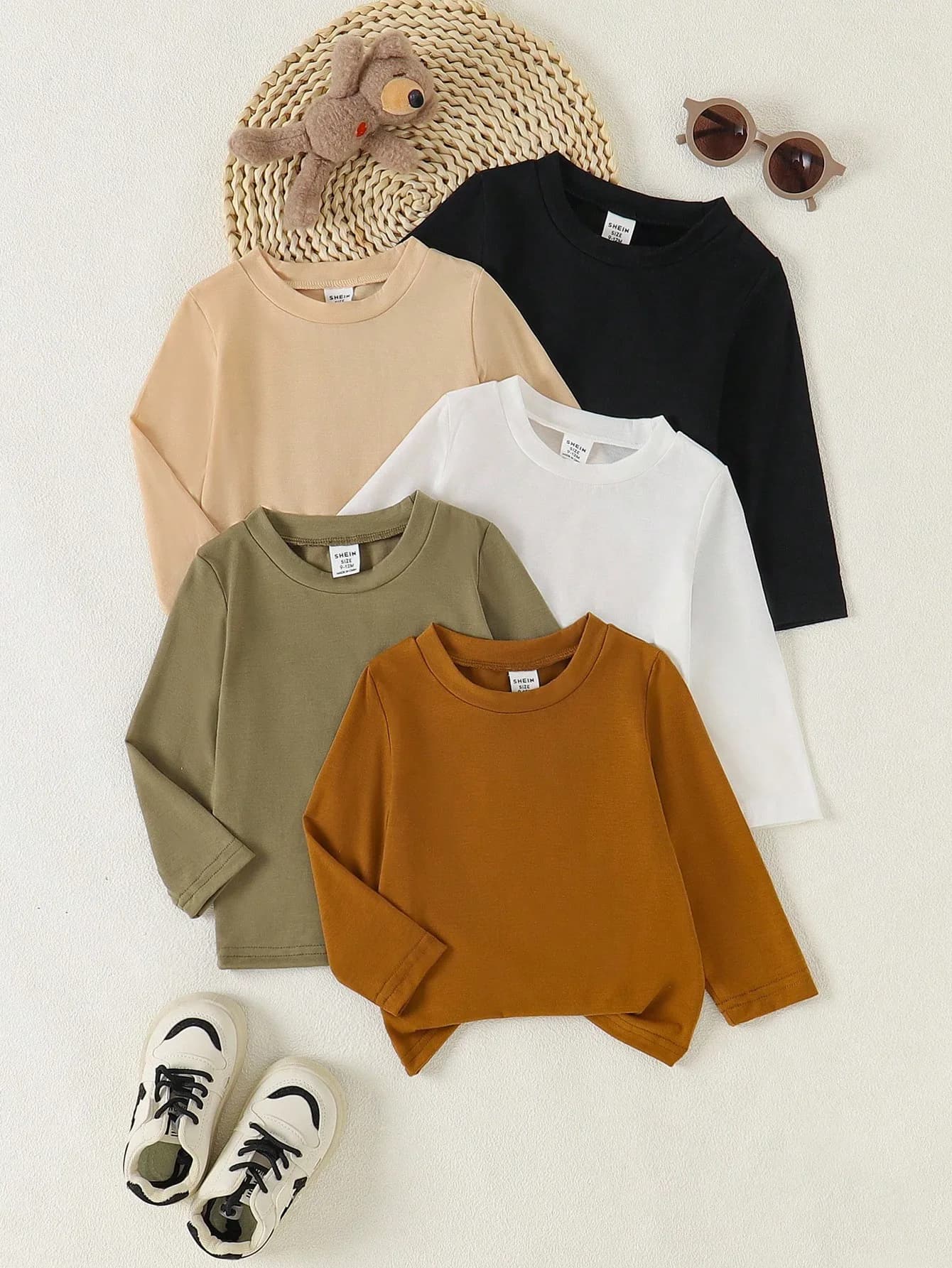 Confezione da 5 magliette a maniche lunghe per bambini in tinta unita, girocollo, morbido misto cotone, abbigliamento casual per tutti i giorni