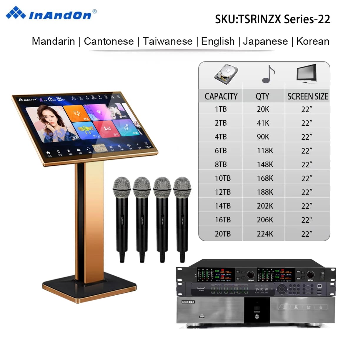 TSRINZX 22" MIC INANDON Karaoke Player Machine 22" Touch Screen X390 Wireless Microphone ZC360+ Front End Karaoke Effect