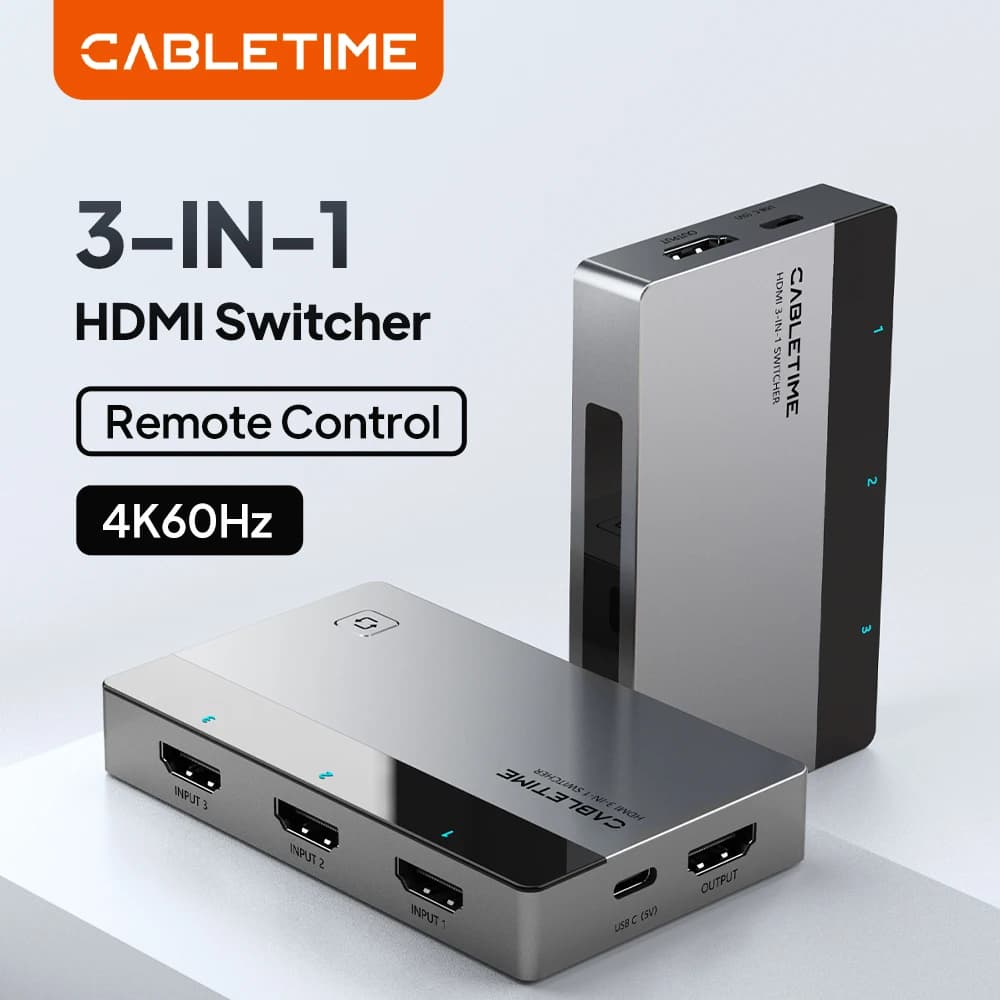 CABLETIME 3 IN 1 HDMI Switcher 4K@60Hz Video Resolution USB C Power Required HDMI Splitter for Monitor Laptop PS5/4 Switch