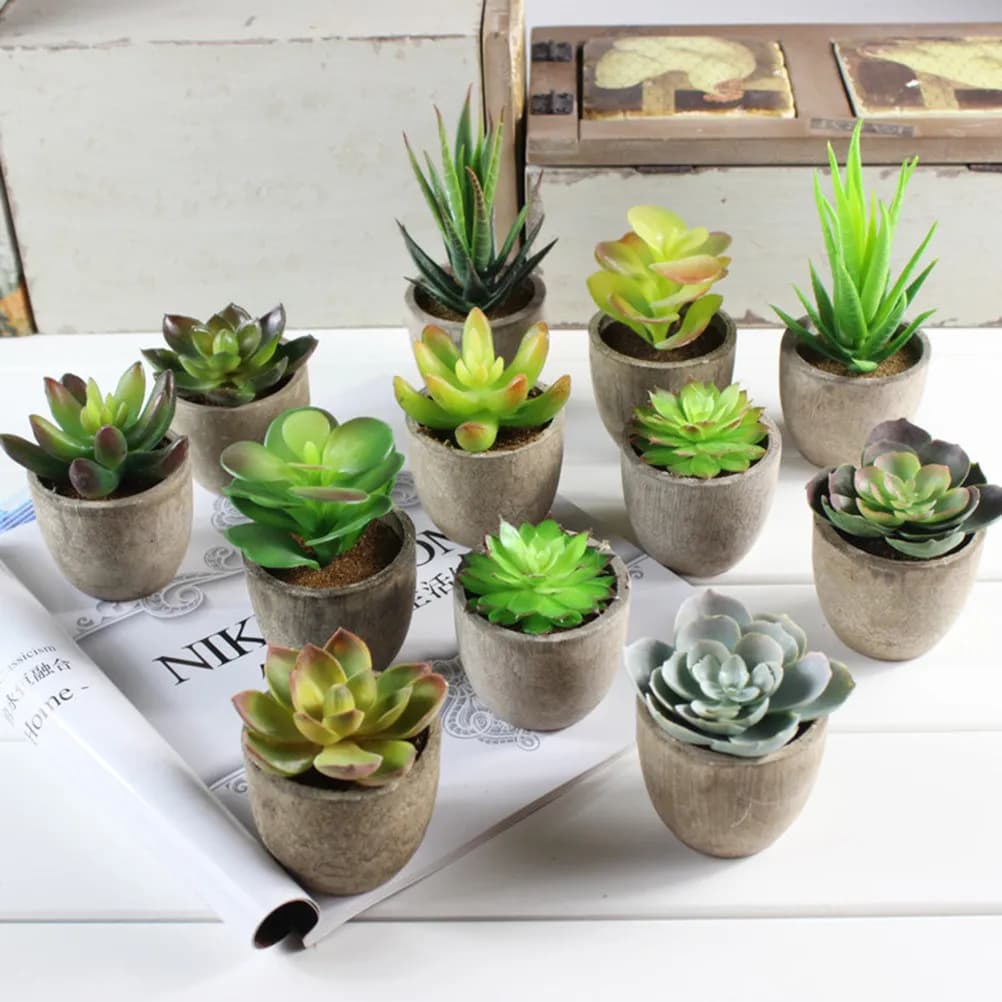 Premium Realistic Artificial Succulent Plants Set Gray Ceramic Pots Desktop Shelf Decor Living Room Bedroom Office Coffee Table