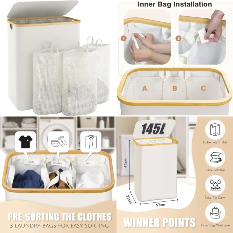 Cesto per biancheria sporca extra large a 3 scomparti con coperchio, cesti per biancheria sporca con sacchi rimovibili per camera da letto e lavanderia