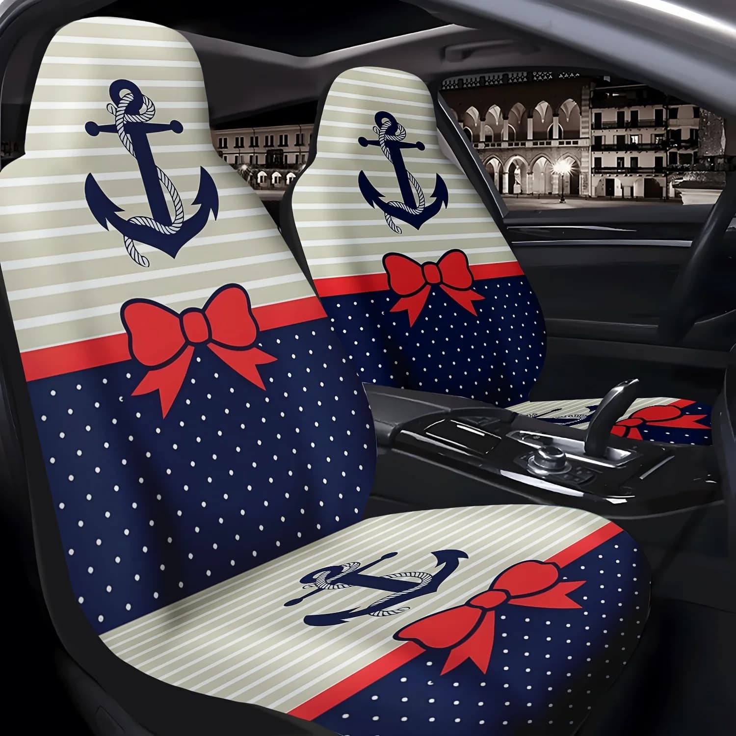Set Of 2 Navy-Style Anchor Bow Patterned Car Seat Covers, Cute Interior Additions For Car Seats, Front Seat Protectors Suitable