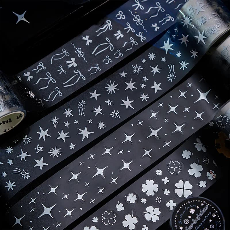 Nastro Washi fustellato in argento caldo con stella di trifoglio da 40 mm x 2 m per scrapbook, ufficiale, pianificatore fai da te, custodia per telefono, decorazione per notebook, regalo artigianale