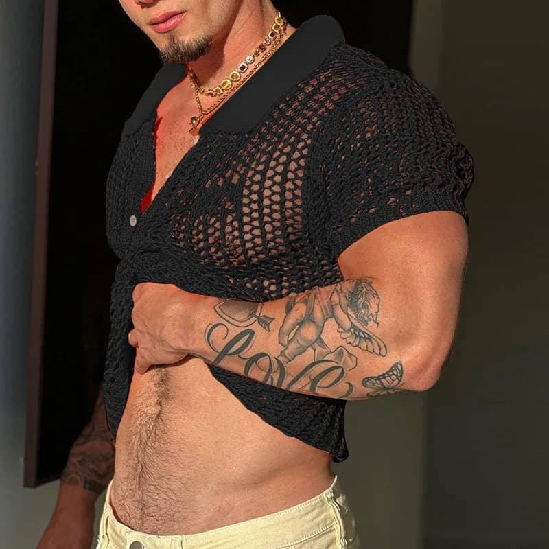 Summer Men's Pure Color Loose Fit Knit Shirt Short Sleeve Transparent Collar T-Shirt Breathable Casual Fashion Boy's Shirt