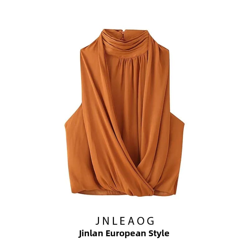 Nuova Collezione Primaverile: Camicia da Donna in Seta Satinata, Plissettata, Corta, in Fibra di Poliestere, Non Deformabile, Senza Maniche, Stile Europeo S...