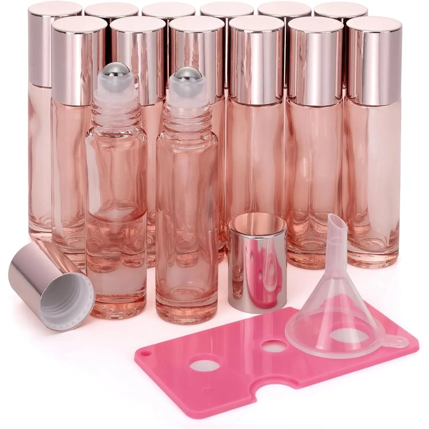 Bottiglie a rullo in vetro da 14 pezzi da 10 ml per oli essenziali Bottiglie di profumo riutilizzabili da viaggio con imbuto a sfere in acciaio inossidabile