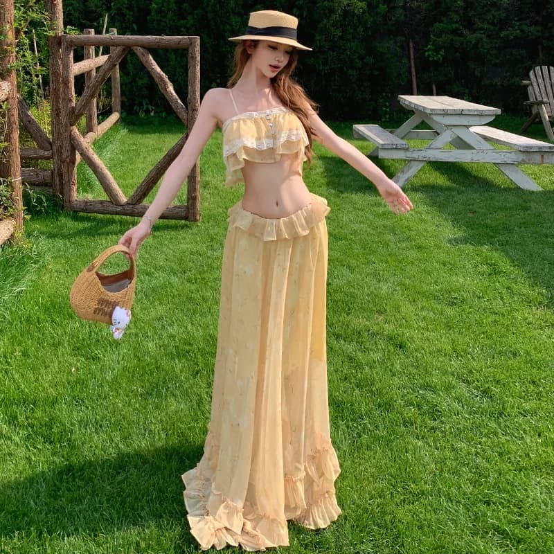 Beach Island Vacation Style Lace Trim Halterneck Strap Set Long Skirt Half-length Romantic Fashion Summer Outfit for Women