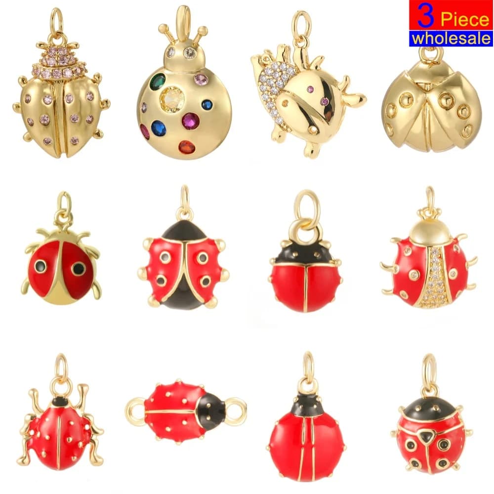 3pcs cute Enamel Ladybug Charms CZ Pendants DIY Jewelry Making for Necklace Bracelet Earring Keychain accessories Wholesale
