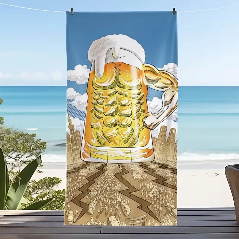 Divertente Telo Mare con Stampa Tazza di Birra Muscolosa, Design a Cartone Animato, Asciugatura Rapida, Anti-Sabbia, Assorbente e Morbido per Campeggio Estivo