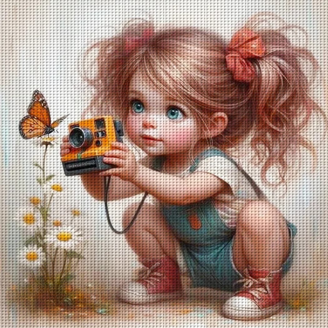 1 pezzo 36X36cm/14.1X14.1in, kit fai da te per punto croce con stampa 11CT, simpatica bambina con fotocamera, set di punto croce rilassante per principianti adulti