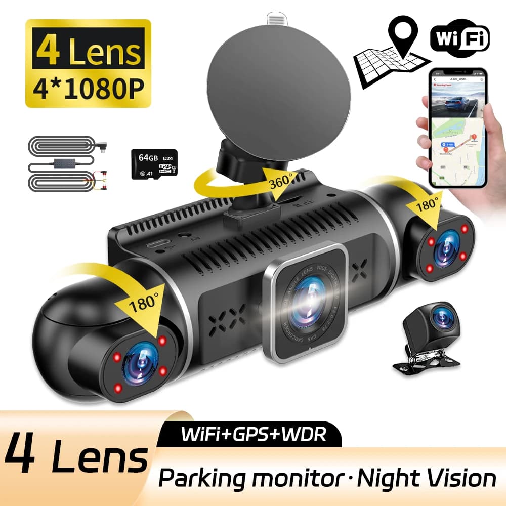 Dash Camera per auto WiFi GPS 24 ore Monitor di parcheggio FHD 1080P 4 canali Dash Cam Visione notturna SMART Car DVR Videoregistratore gratuito 64G