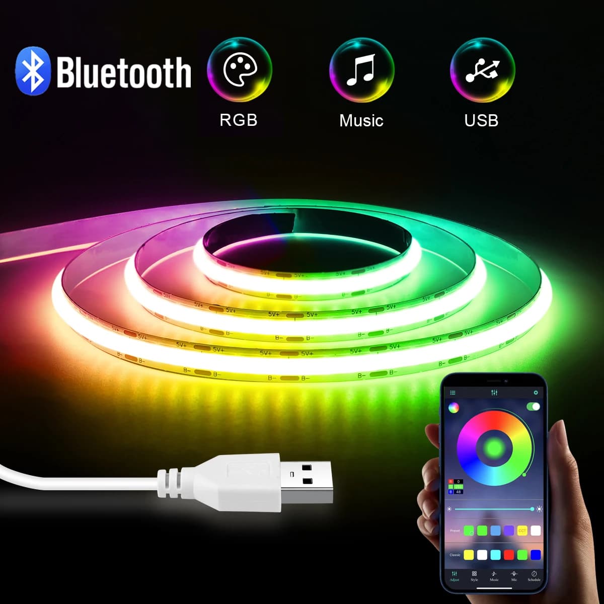 5V FCOB HA CONDOTTO LA Luce Intelligente Bluetooth App di Controllo USB RGB Ha Condotto La Lampada A Nastro 1/2/3/5M Luci di Striscia Con telecomando IR
