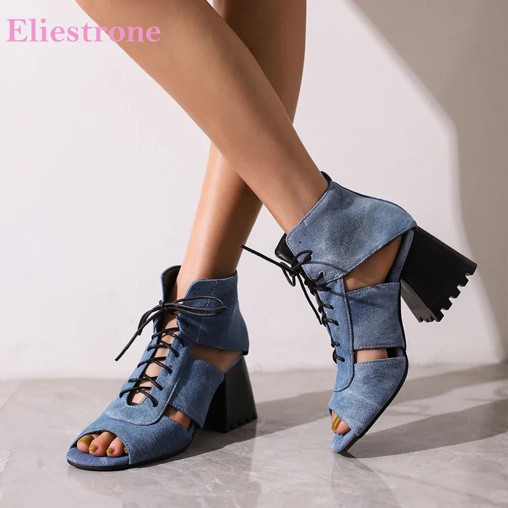New Summer Comfortable Blue Brown Women Sandals Hot Round Toe High Heels Office Lady Shoes Big Small Size 32 43 45 48