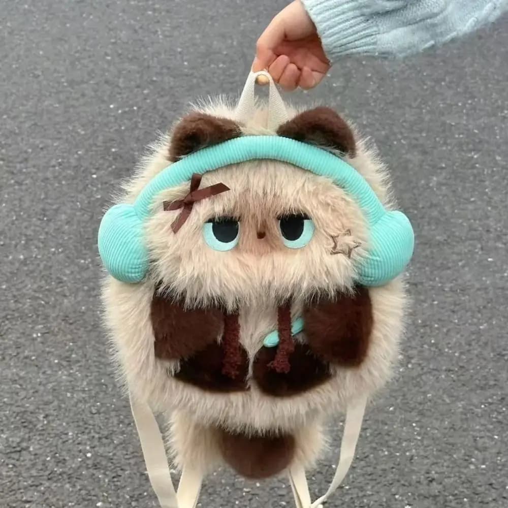 Zaino Peluche a Forma di Gatto Siamese Kawaii, Borsa a Tracolla con Cuffie, Simulazione Realistica di Animale, Morbida Borsa Scolastica per Studenti e Shopping